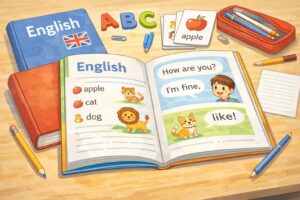 ECCジュニアの教材を使って小学生が英語学習をしている様子