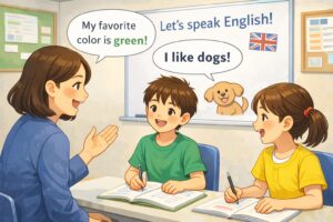 ECCジュニアに通う小学生が友だちと一緒に英語を学ぶ様子