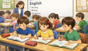 小学生が集団塾で机に向かって英語を勉強する様子（ECCジュニアに変える前）